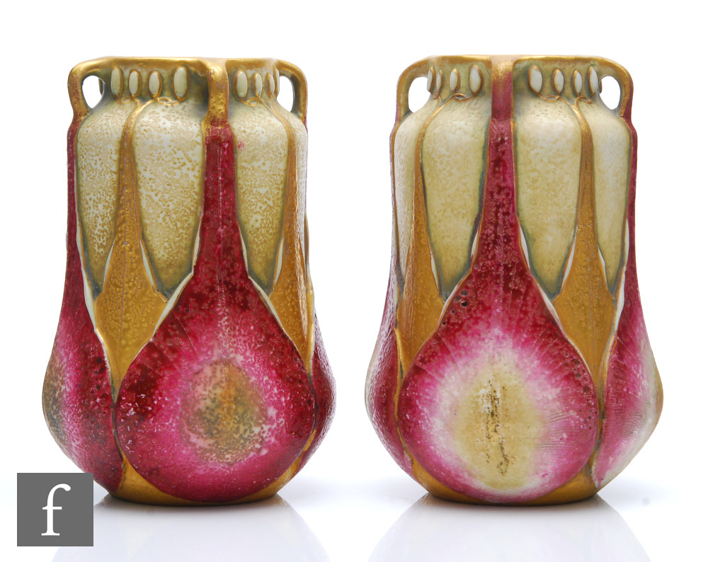 A pair of early 20th Century Alexandra Porcelain Works, Royal Vienna Art Nouveau vases each