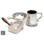 Three items of hallmarked modern silver, a quaich, a tankard and a box and cover with turned