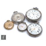 Five assorted silver, white metal and gold open faced pocket watches to include a continental 14ct