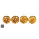 Four George V full sovereigns dated 1911, 1919, 1921 and 1927.