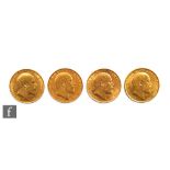 Four Edward VII full sovereigns dated 1903, 1908, 1909 and 1910.