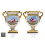 A mirrored pair of 19th Century Flight Barr and Barr Worcester twin handled vases each decorated