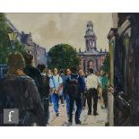 FERGAL FLANAGAN (IRISH, BORN 1947) - 'Trinity College', oil on board, signed, bears 'The People's