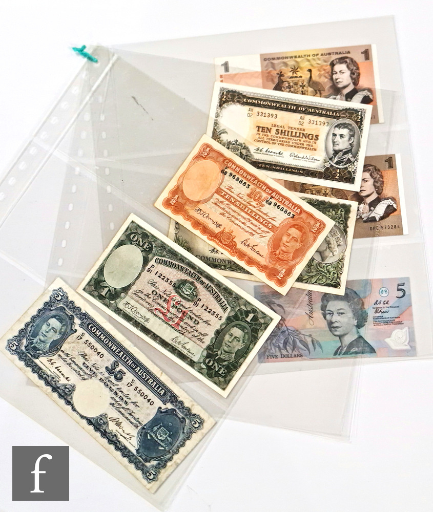 Eight Australian banknotes to include George VI five pounds S17 550040 Coombes watts, one pound