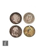 Four Charles II to George VI Maundy threepences 1670 (holed and gilded), 1673, 1762 and a 1940