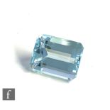 A cut and polished aquamarine, emerald cut stone total weight approximately 12.25ct, unused and