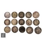 A Charles X five francs 1828, a Louis-Napoleon five francs 1852, a Napoleon III five francs 1869 and