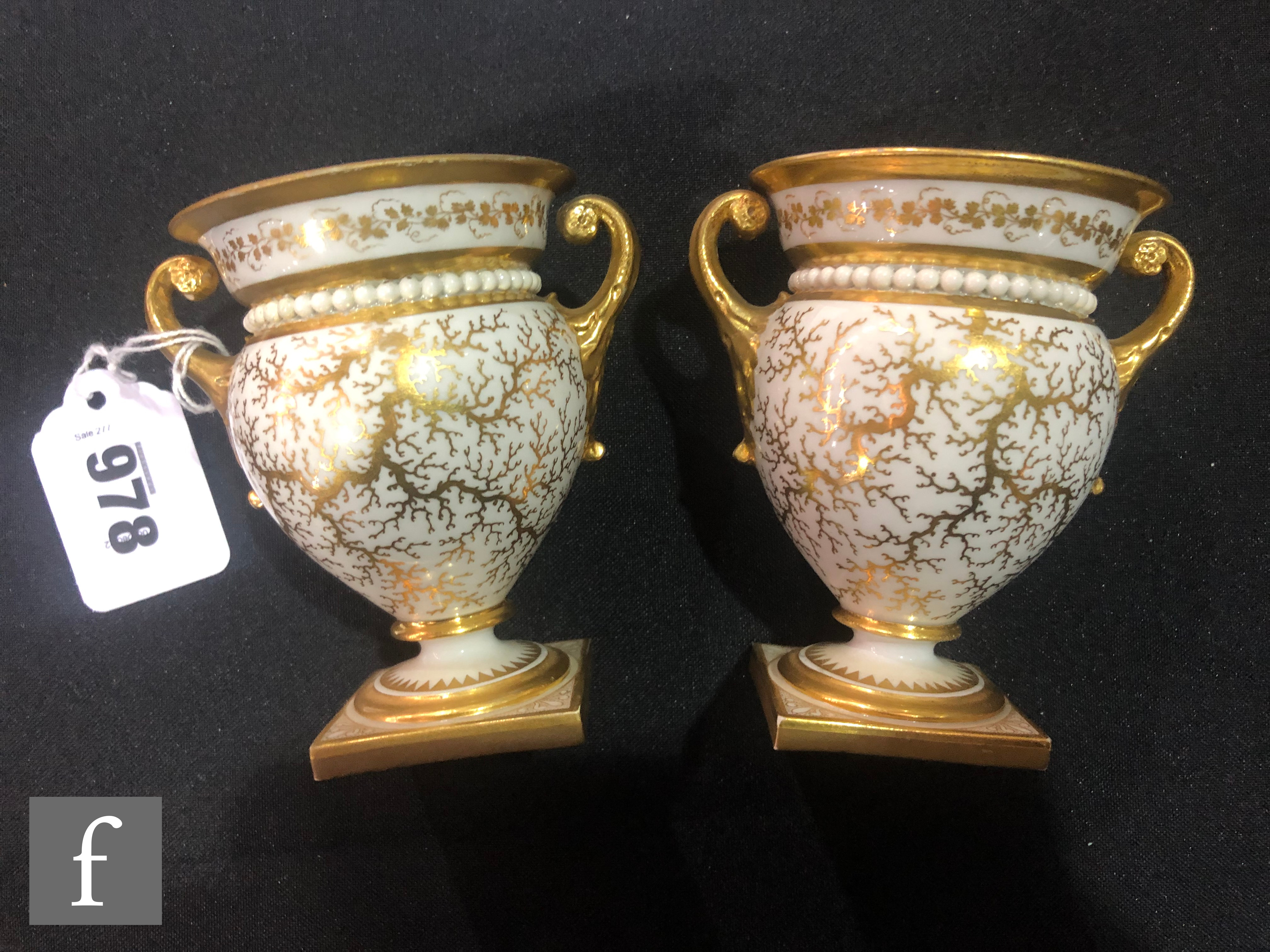 A mirrored pair of 19th Century Flight Barr and Barr Worcester twin handled vases each decorated - Image 3 of 4