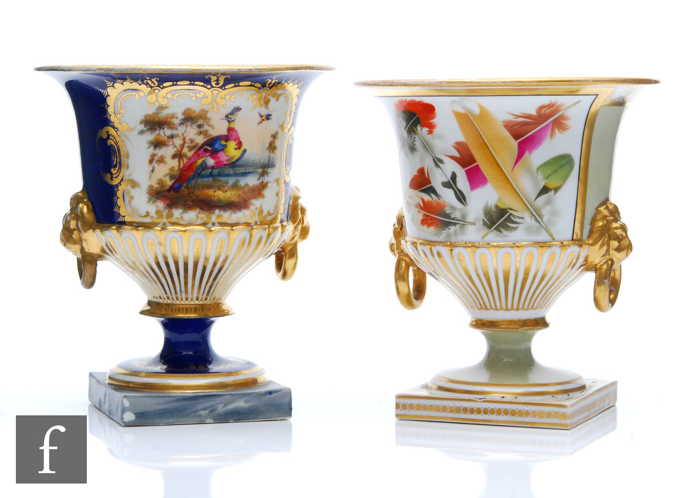 Two 19th Century Chamberlain Worcester pedestal urn vases, the first decorated with a hand painted