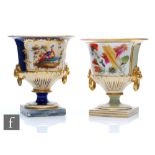Two 19th Century Chamberlain Worcester pedestal urn vases, the first decorated with a hand painted