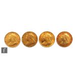 Four Victoria veil head full sovereigns dated 1898 x 2 and 1893 x 2.