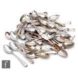 A parcel lot of assorted Georgian and later flatware, predominately tea spoons, to include old