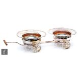 A double bottle coaster table cart, twin hallmarked silver bottle coasters each with gadroon and