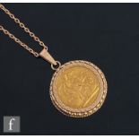An Edward VII full sovereign dated 1905, loose mounted to a 9ct pendant mount and suspended from a
