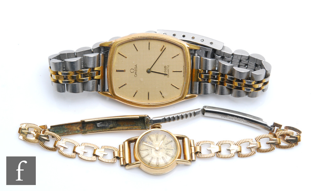 A gentleman's Omega DeVille quartz wristwatch, batons to a cushioned champagne dial, with a lady's