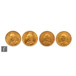 Four Victoria jubilee head full sovereigns dated 1889, 1891 and 1892 x2.