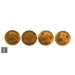 Four Victoria full sovereigns, veiled heads 1893, 1894 (MM) Melbourne, 1897 x 2 (MM) Melbourne and