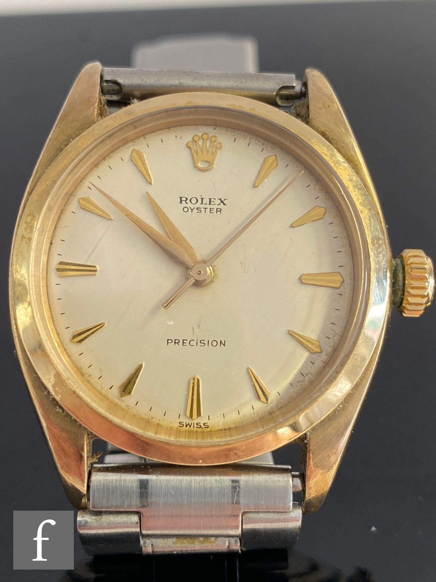 A 9ct hallmarked Rolex Oyster Precision automatic wrist watch with gilt batons to a cream dial, case - Image 4 of 8