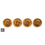 Four George V full sovereigns dated 1911 x2, 1912 and 1913.