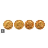Four Victoria veil head full sovereigns dated 1896 and 1899 x 3. (4)