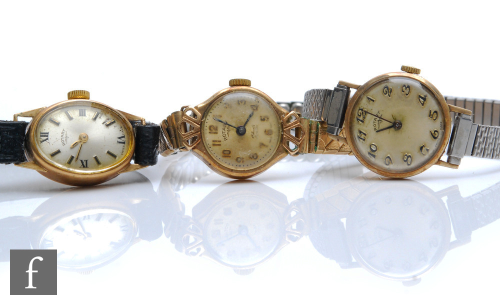 Three lady's 9ct hallmarked manual wristwatches, all Rotary examples, various styles and dates, A/F.