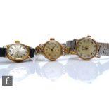 Three lady's 9ct hallmarked manual wristwatches, all Rotary examples, various styles and dates, A/F.