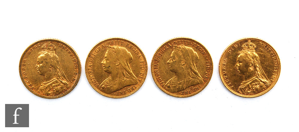 Four Victoria full sovereigns, two Jubilee and two veiled head, 1892 x 2 (MM) Melbourne, 1896 (MM)