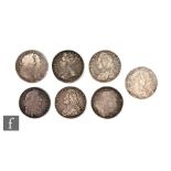 Seven Charles II to George II half crowns dated 1676, 1689 x 2, 1698, 1735, 1745 and 1708. (7)