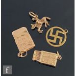 Four assorted 9ct charms, total weight 8.4g, to include a packet of cigarettes and a box of matches,