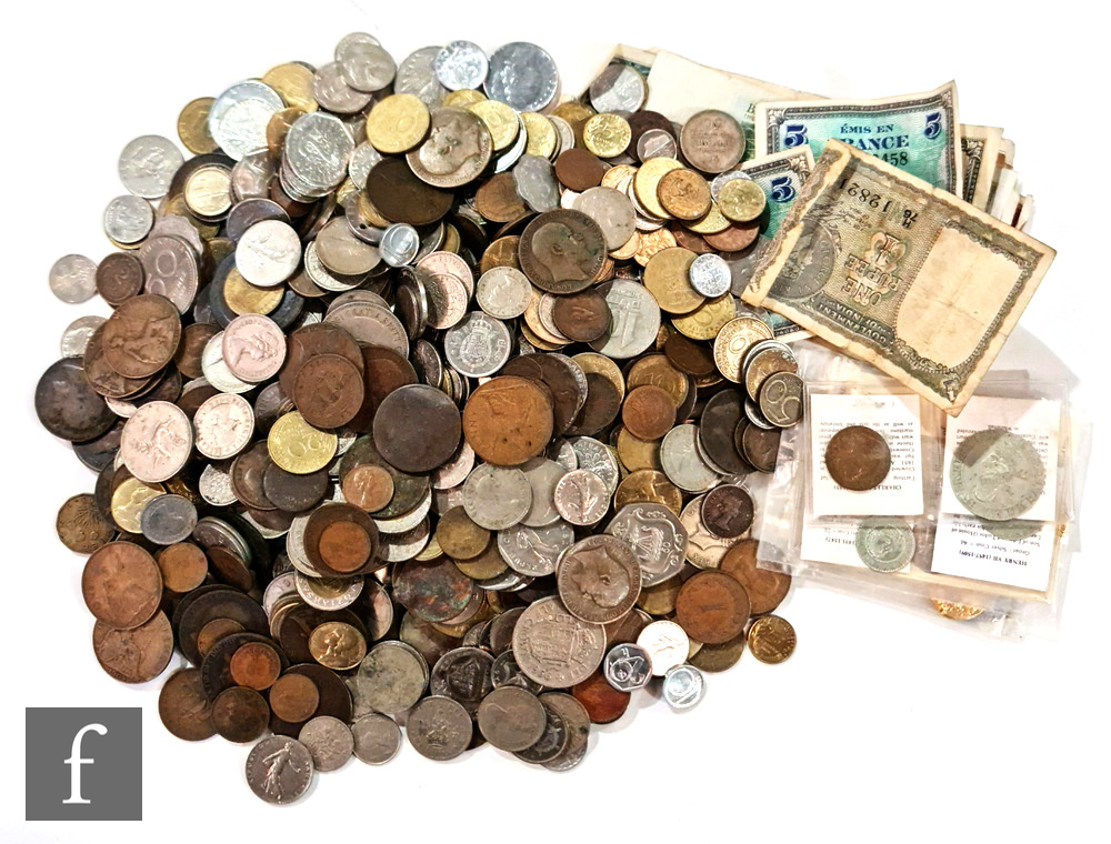An assortment of 20th Century foreign coinage including replica coins and banknotes. (qty)