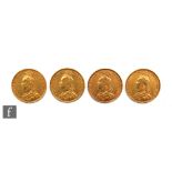 Four Victoria jubilee head full sovereigns dated 1889, 1890 x2 and 1891.