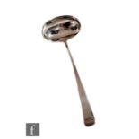 A silver soup ladle of plain form, weight 7.5oz, length 36cm, not hallmarked just maker's mark.