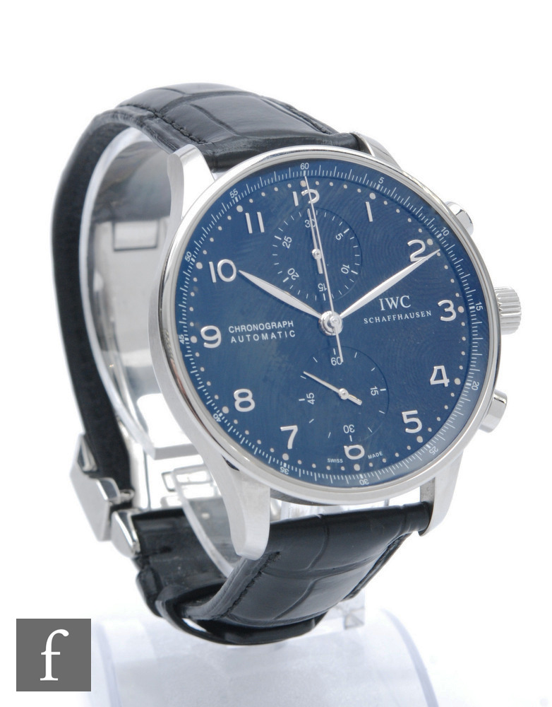 A gentleman's stainless steel IWC Portuguese chronograph wristwatch, silvered Arabic numerals and
