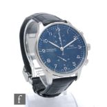 A gentleman's stainless steel IWC Portuguese chronograph wristwatch, silvered Arabic numerals and