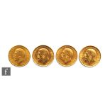 Four George V full sovereigns dated 1913, 1915, 1924 and 1928