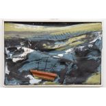 Edward Bell, 21st Century "High Seas," painted metal relief, depicting coffin ship on high seas with