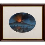 19th Century Italian School "Vesuvius Erupting at Night," gouache, depicting busy harbour scene with