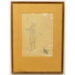 Frank C. King, British (act. 1911-1929) Pencil Sketch, "Lady walking with cat in a park", approx. 33