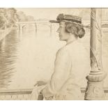 Raymond McGrath, Australian/Irish (1903-1977) "Lady standing on a Bridge, (possibly Kew Bridge