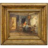 James Richard Marquis, RHA (1833 - 1885) "Irish Cottage Interior with Lady at Work," O.O.C.,