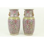A good pair of Cantonese pink ground Chinese porcelain Vases, decorated all over with flowers,