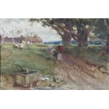 G. Ellis  "Windy Day, N. Wales," watercolour, attractive landscape with lady carrying day's