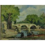 E. Parobi, 20th Century French School "Men Fishing by a Bridge," O.O.C., approx. 31cms x 41cms,