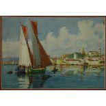 Louis German, French (1863-1946) "Port Scene with Boats and Town in distance," watercolour,