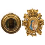 An oval miniature Portrait of the Madonna & Child, watercolour, 3 1/4" (8cms), in carved gilt