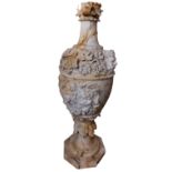 A late 19th Century carved alabaster Urn, with birds and vines in relief (as is) 36" (91cms). (1)