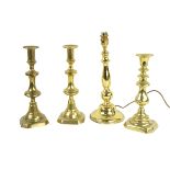 A brass Table Lamp and shade, a pair of 19th Century brass Candlesticks, 12" (31cms) and a smaller