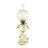 A fine 19th Century Moore Brothers Oil Lamp, the reservoir encrusted with flowering cacti, the