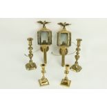 A good pair of brass Wall Lights, in the form of carriage lamps, each of octagonal form with eagle