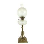 A good telescopic brass and cutglass Oil Lamp, with cutglass reservoir and etched bulbous glass